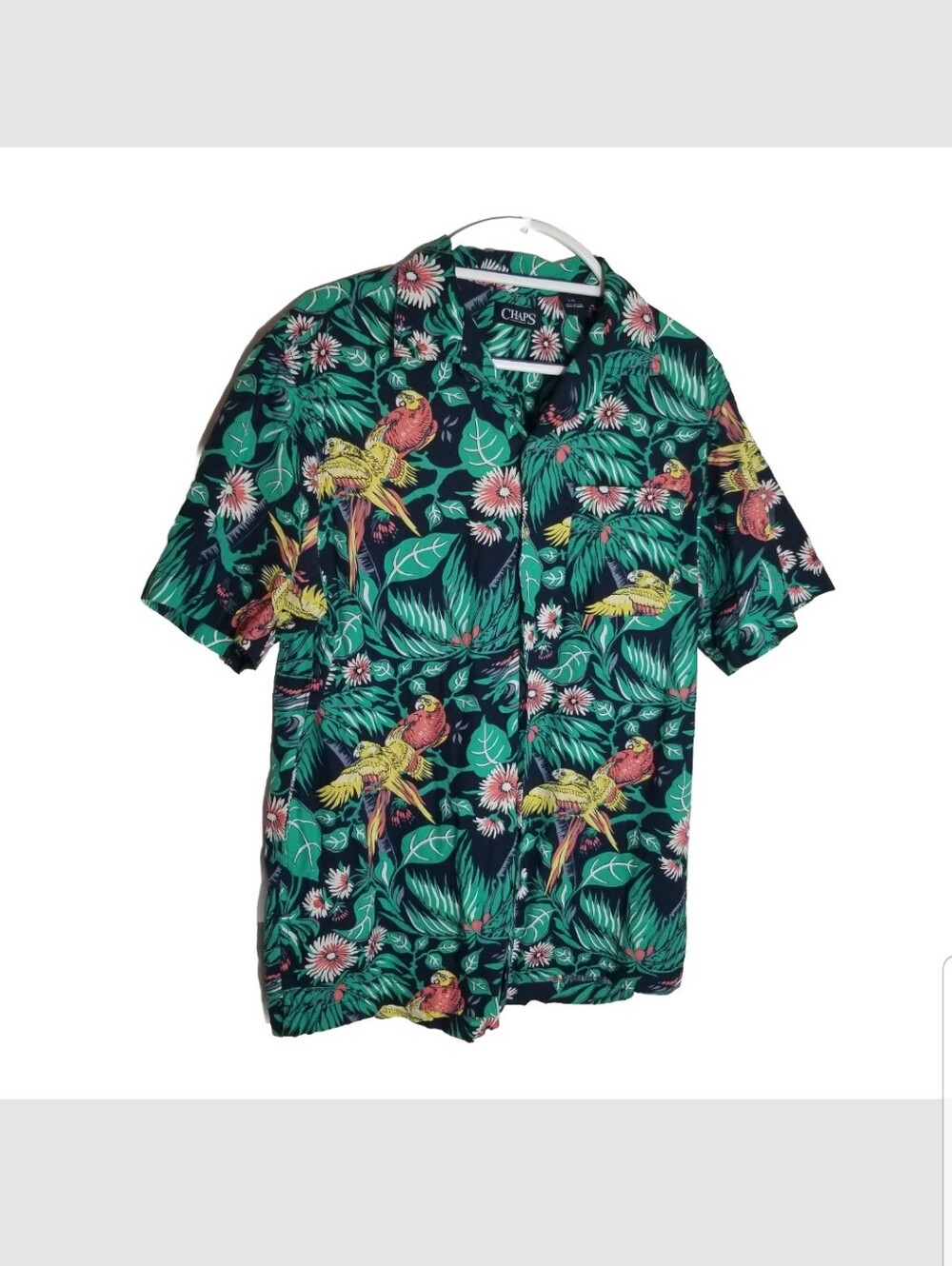 Chaps Hawaiian Shirt Men's Large Green Yellow Pink Floral Parrots Button Up